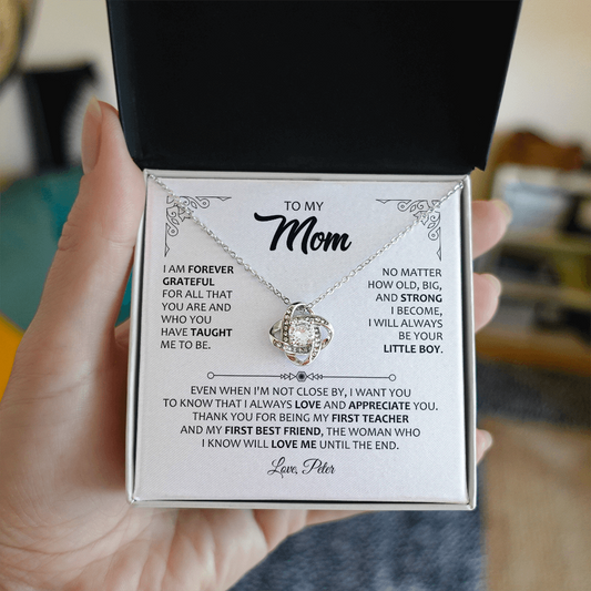 To My Mom Necklace from Son – Forever Grateful Message Card Jewelry – Mother's Day Gift for Mom – Love Knot Necklace