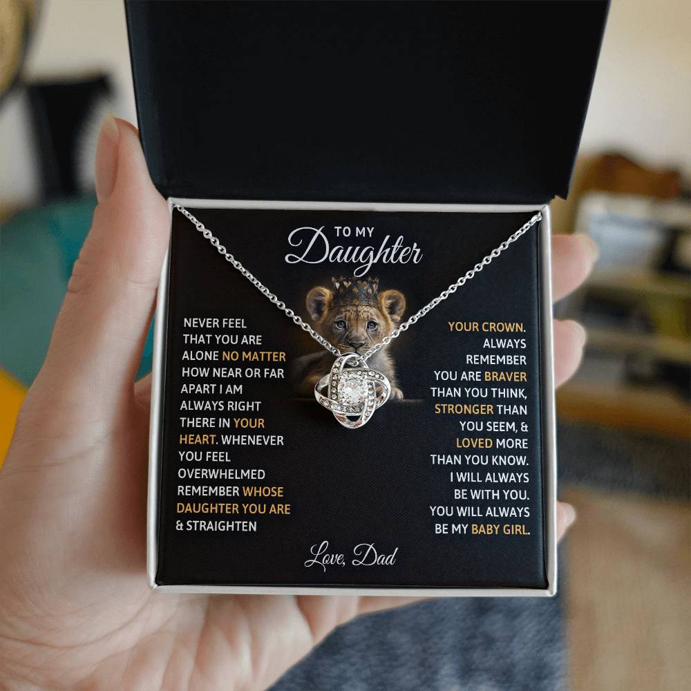 To My Daughter – Love Knot Necklace with Crowned Lion Cub Message from Dad