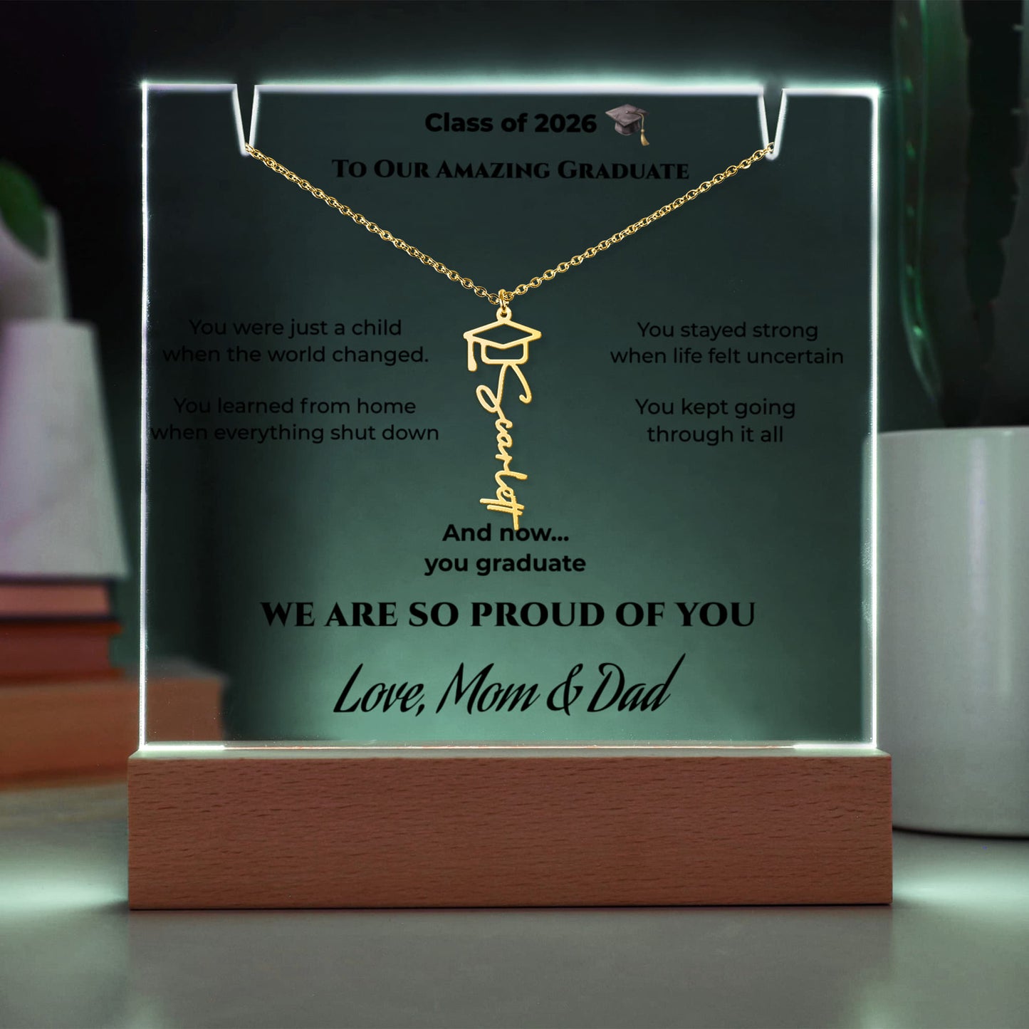 Personalized Graduation Name Necklace & LED Acrylic Keepsake – Class of 2026 Gift for Graduate