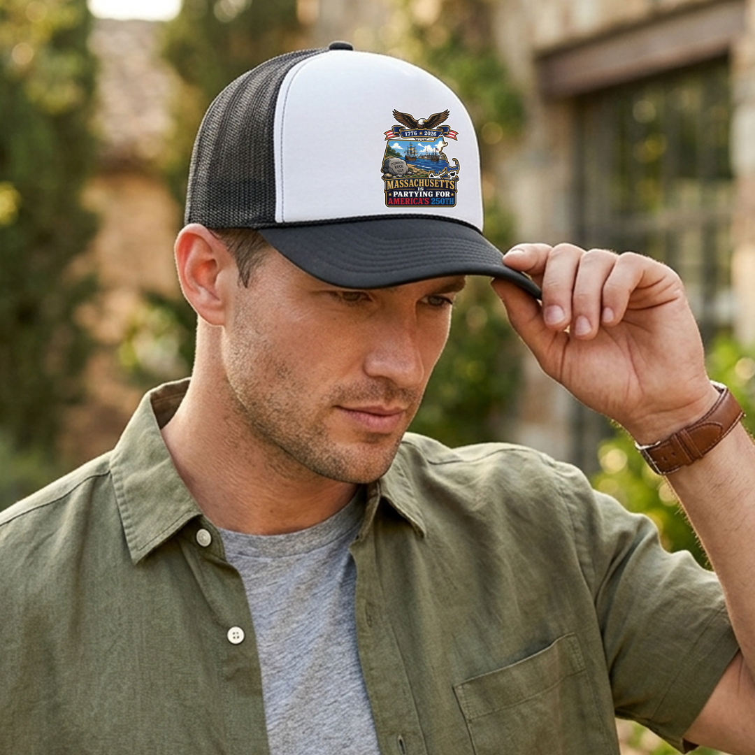 Massachusetts America 250 Plymouth Rock 5-Panel Trucker Hat – Patriotic Anniversary Cap
