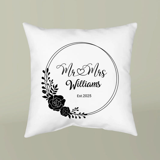 Personalized Mr & Mrs Floral Throw Pillow - Custom Surname and Year