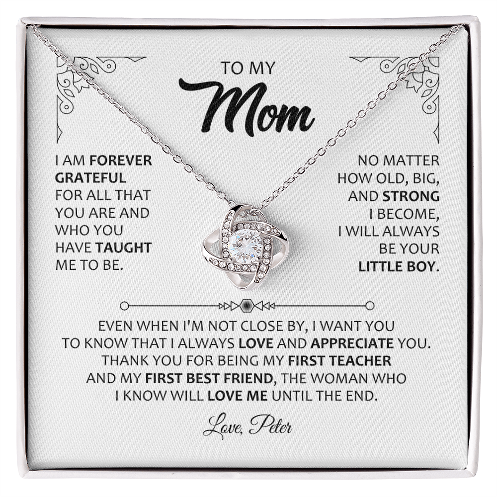 To My Mom Necklace from Son – Forever Grateful Message Card Jewelry – Mother's Day Gift for Mom – Love Knot Necklace