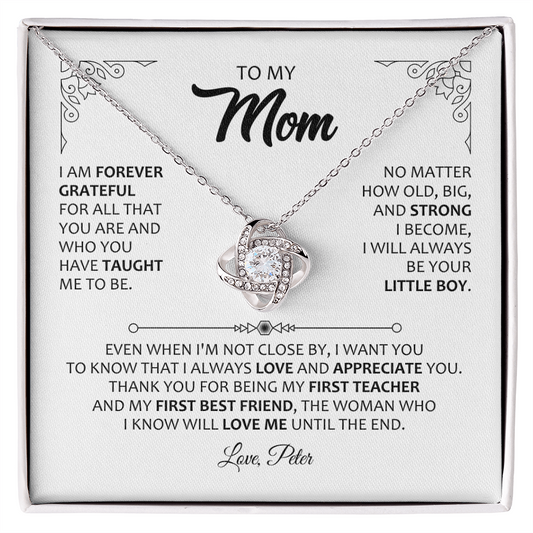 To My Mom Necklace from Son – Forever Grateful Message Card Jewelry – Mother's Day Gift for Mom – Love Knot Necklace