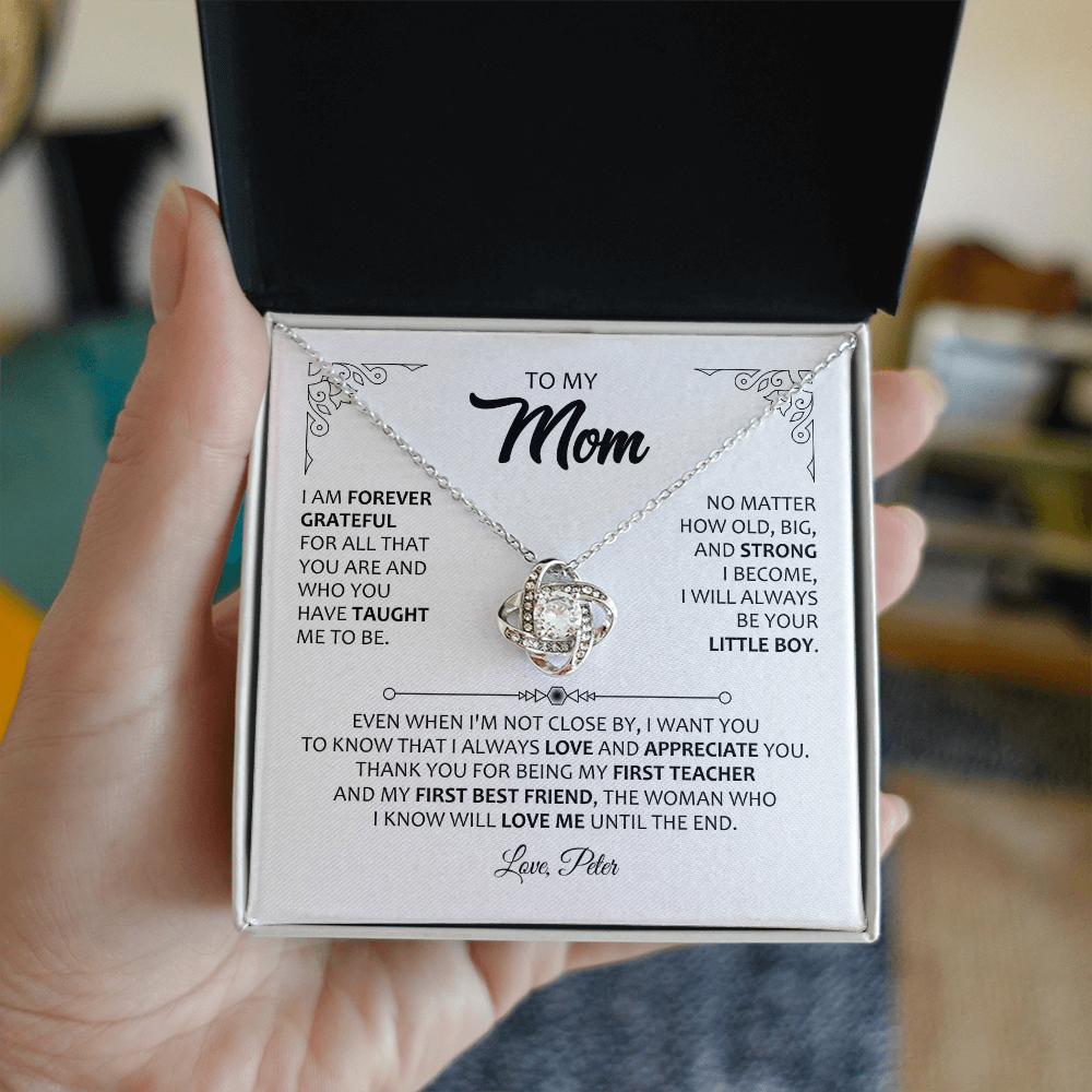 To My Mom Necklace from Son – Forever Grateful Message Card Jewelry – Mother's Day Gift for Mom – Love Knot Necklace