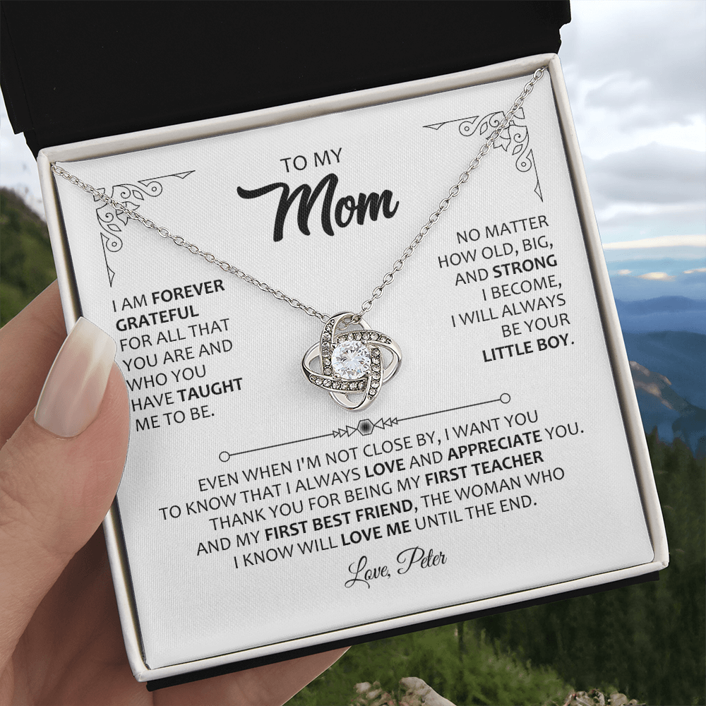 To My Mom Necklace from Son – Forever Grateful Message Card Jewelry – Mother's Day Gift for Mom – Love Knot Necklace