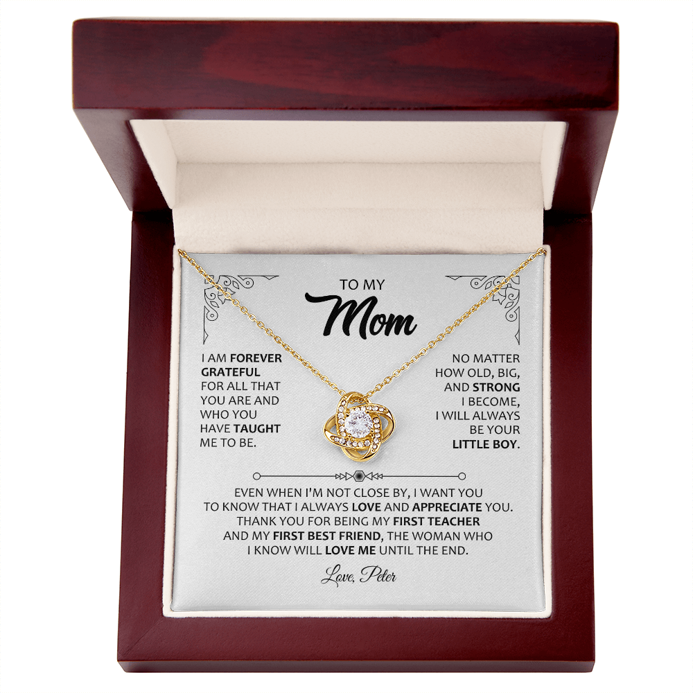 To My Mom Necklace from Son – Forever Grateful Message Card Jewelry – Mother's Day Gift for Mom – Love Knot Necklace