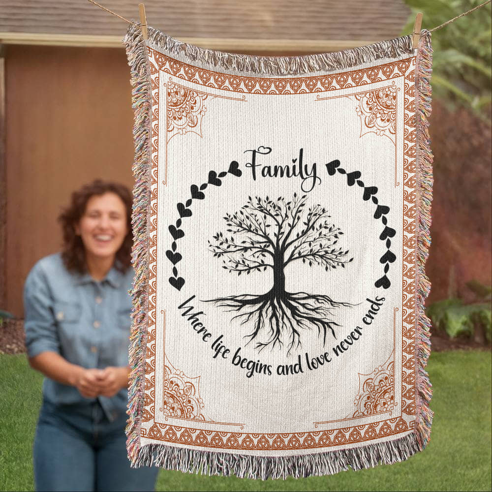 Family Tree Woven Blanket – Where Life Begins & Love Never Ends 🌳