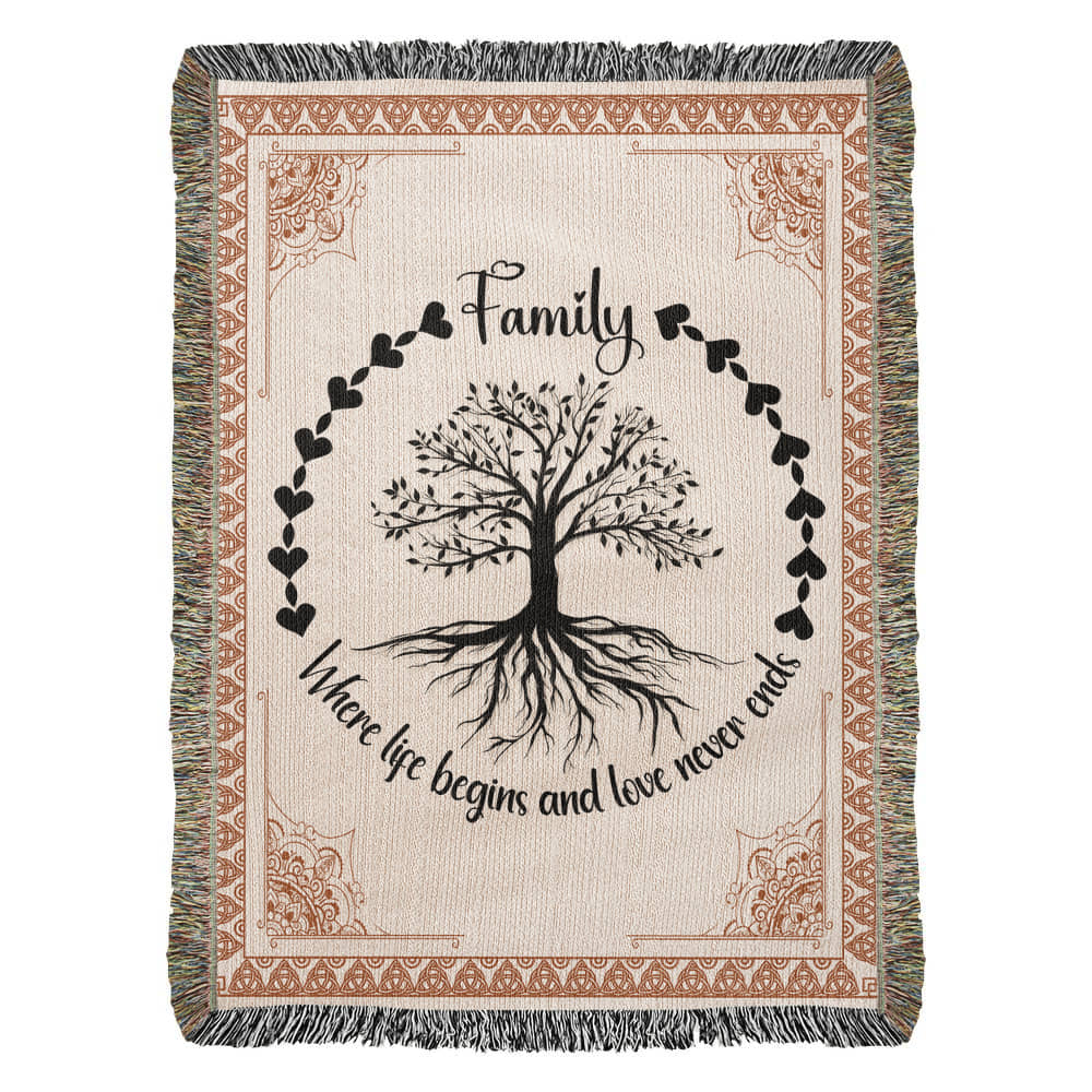 Family Tree Woven Blanket – Where Life Begins & Love Never Ends 🌳