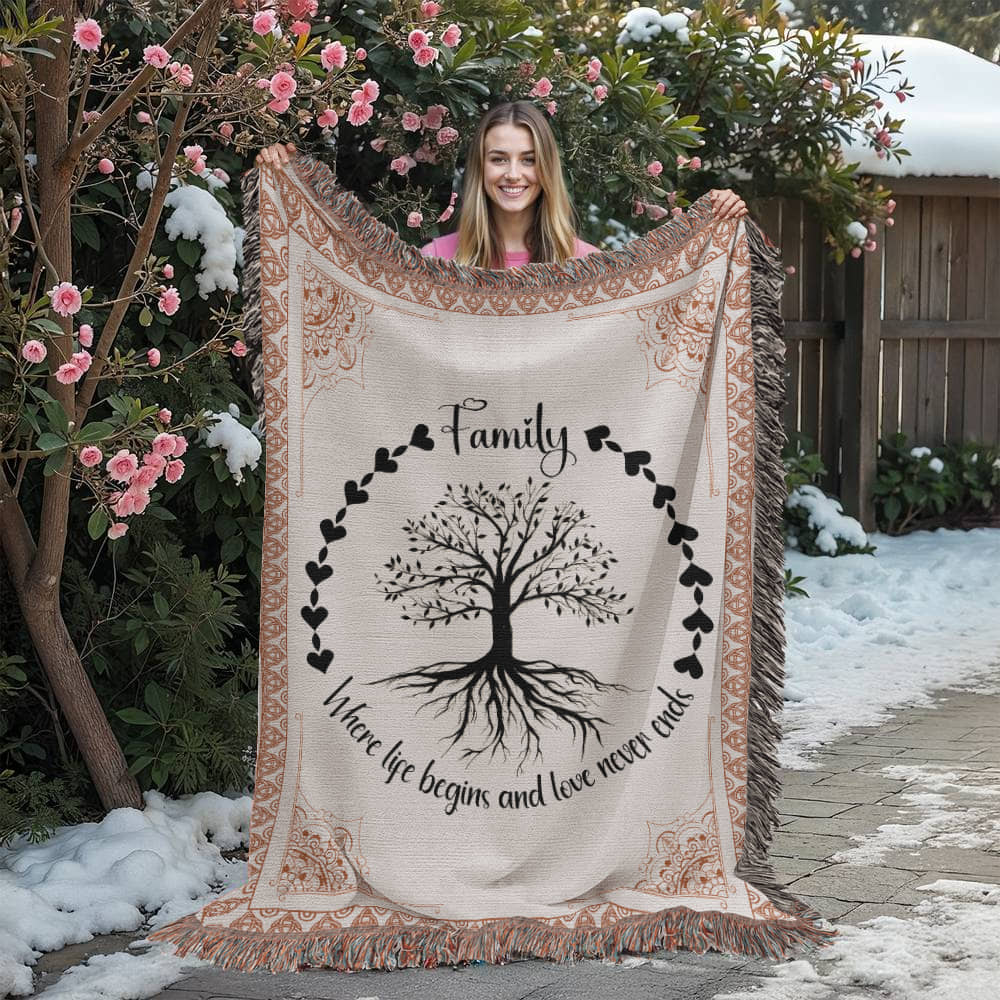 Family Tree Woven Blanket – Where Life Begins & Love Never Ends 🌳