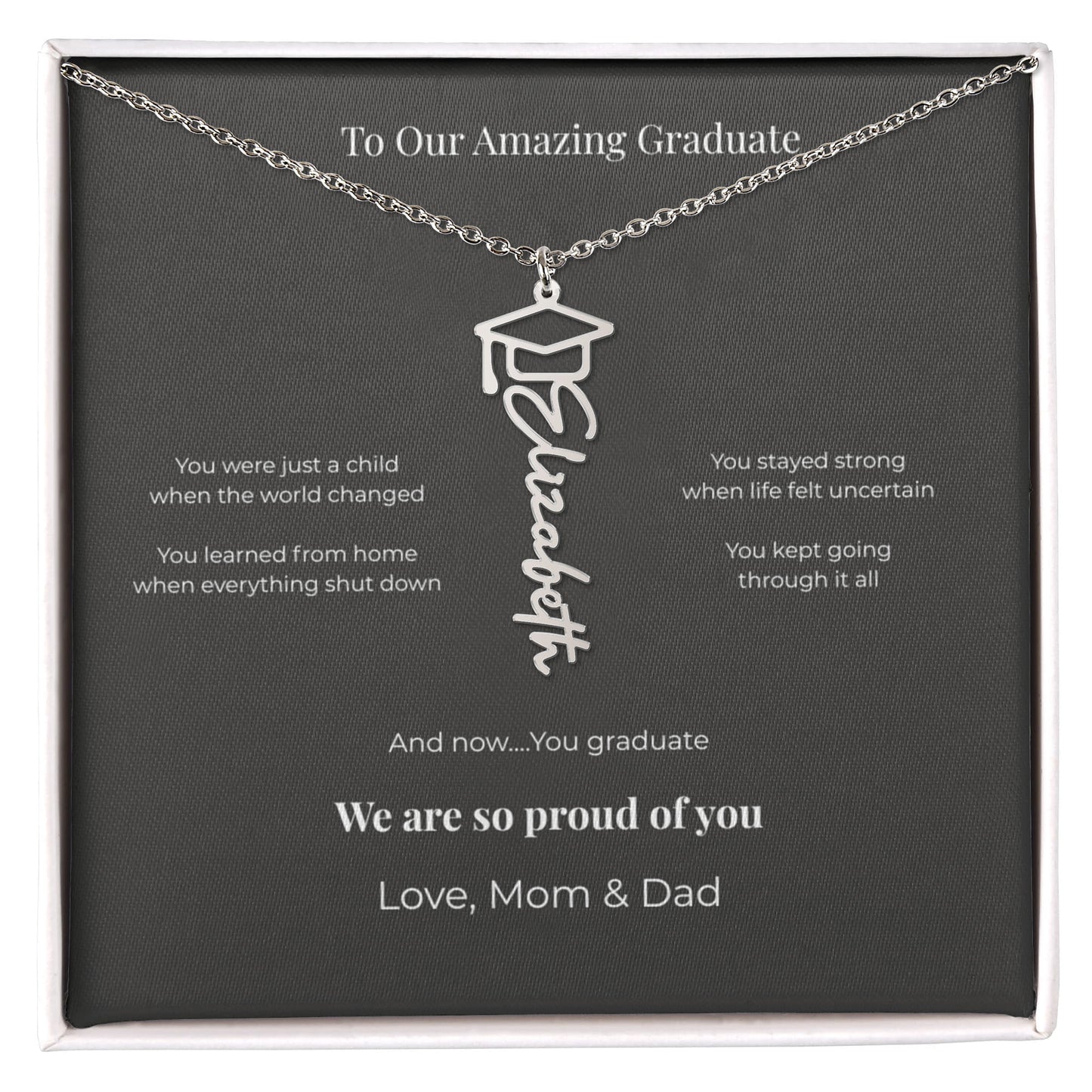 Personalized Graduation Name Necklace – “To Our Amazing Graduate” Class of 2026 Gift from Mom & Dad