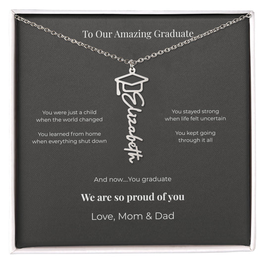 Personalized Graduation Name Necklace – “To Our Amazing Graduate” Class of 2026 Gift from Mom & Dad