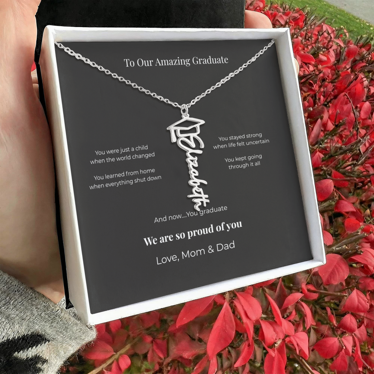 Personalized Graduation Name Necklace – “To Our Amazing Graduate” Class of 2026 Gift from Mom & Dad