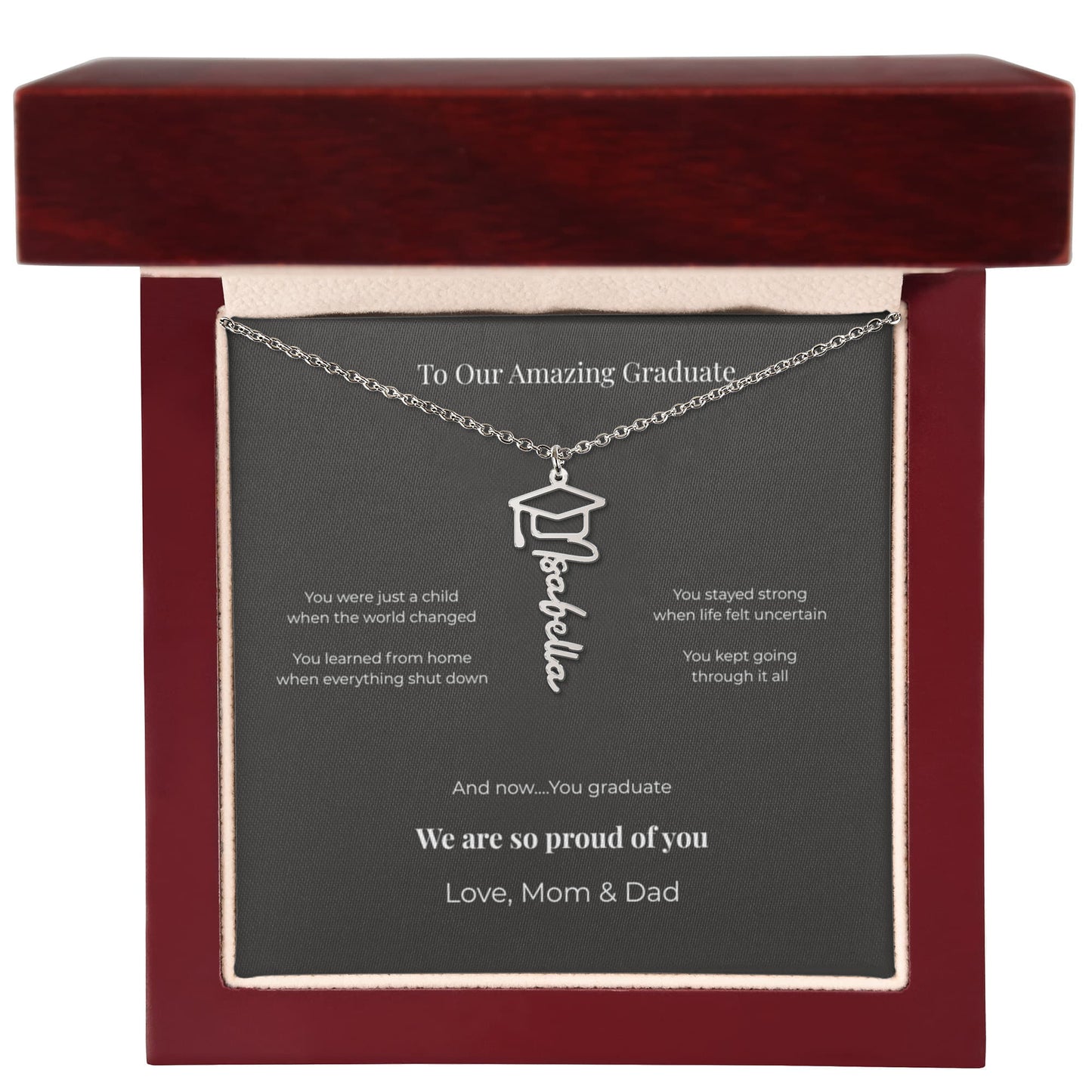 Personalized Graduation Name Necklace – “To Our Amazing Graduate” Class of 2026 Gift from Mom & Dad