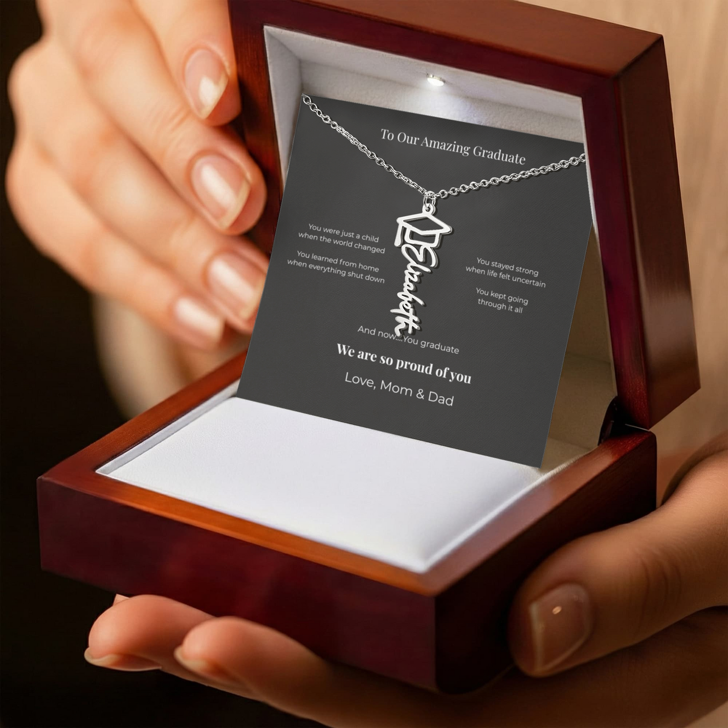 Personalized Graduation Name Necklace – “To Our Amazing Graduate” Class of 2026 Gift from Mom & Dad