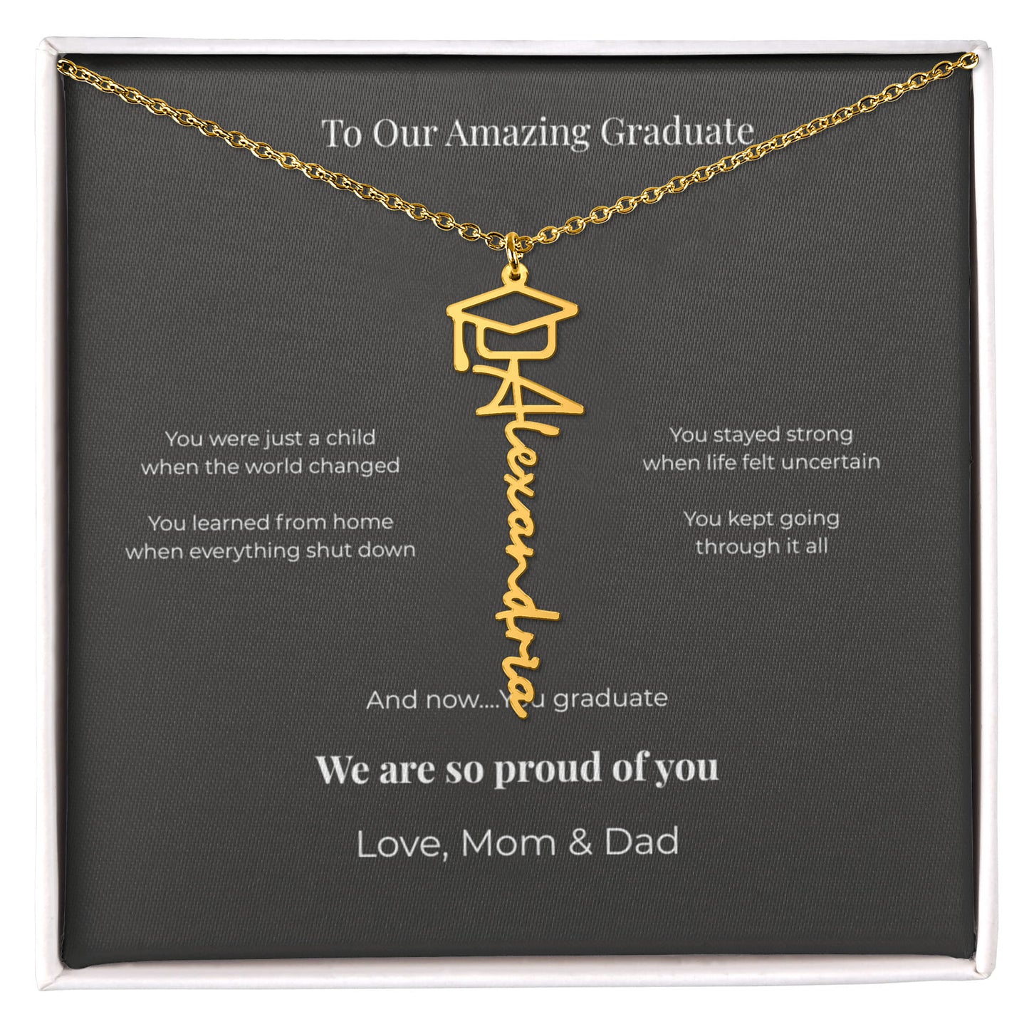 Personalized Graduation Name Necklace – “To Our Amazing Graduate” Class of 2026 Gift from Mom & Dad