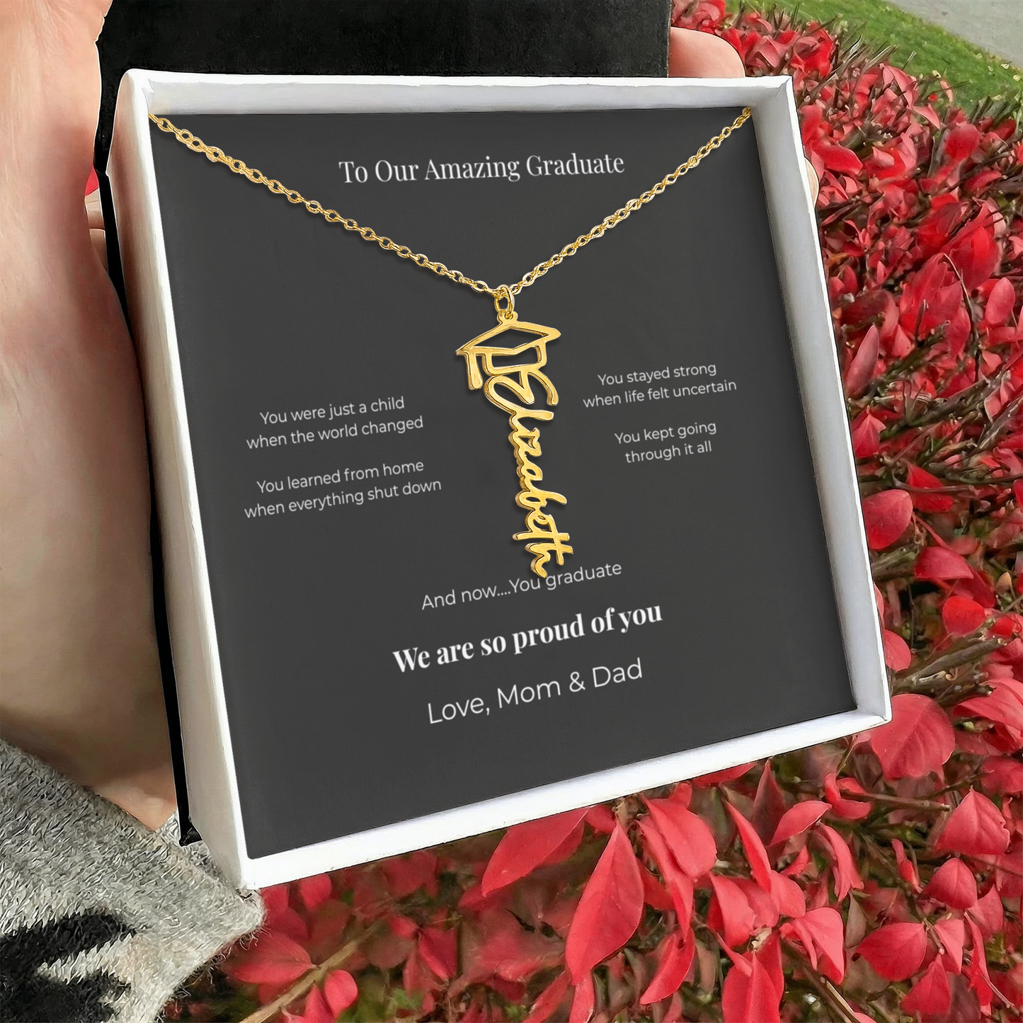 Personalized Graduation Name Necklace – “To Our Amazing Graduate” Class of 2026 Gift from Mom & Dad