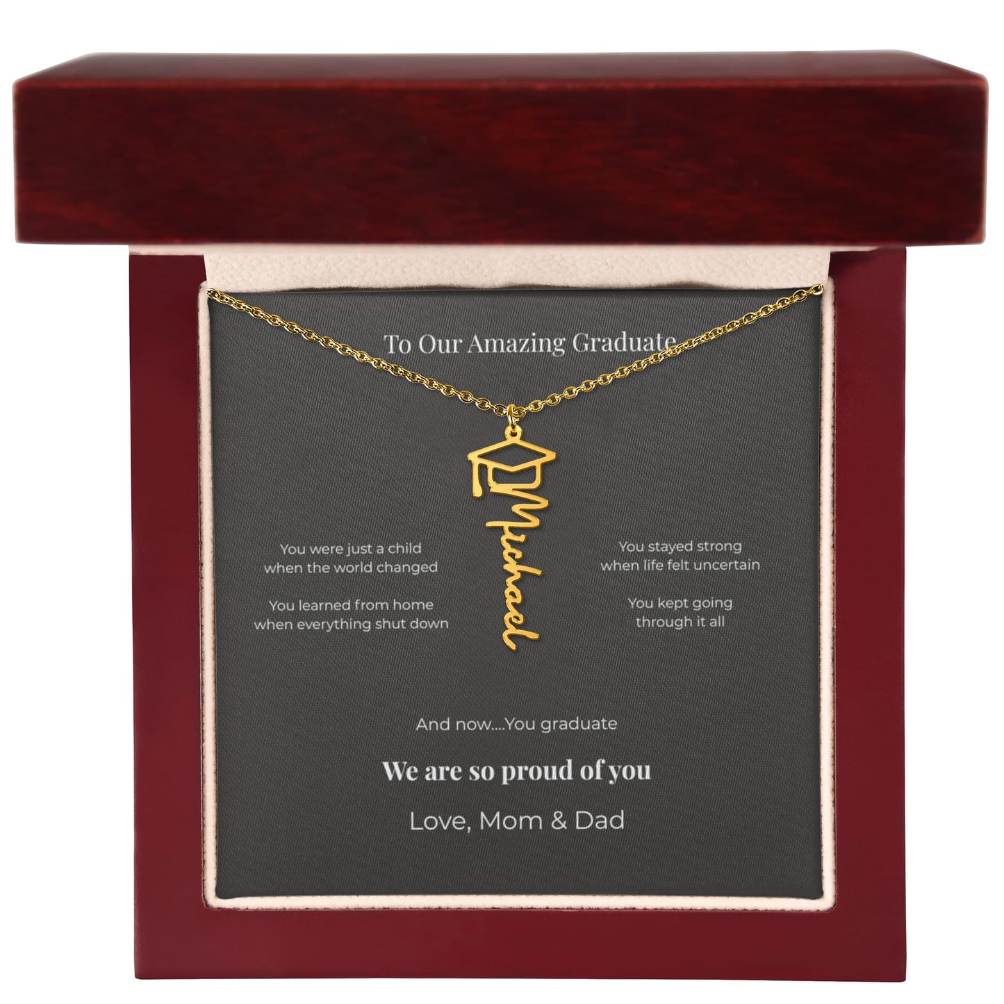 Personalized Graduation Name Necklace – “To Our Amazing Graduate” Class of 2026 Gift from Mom & Dad