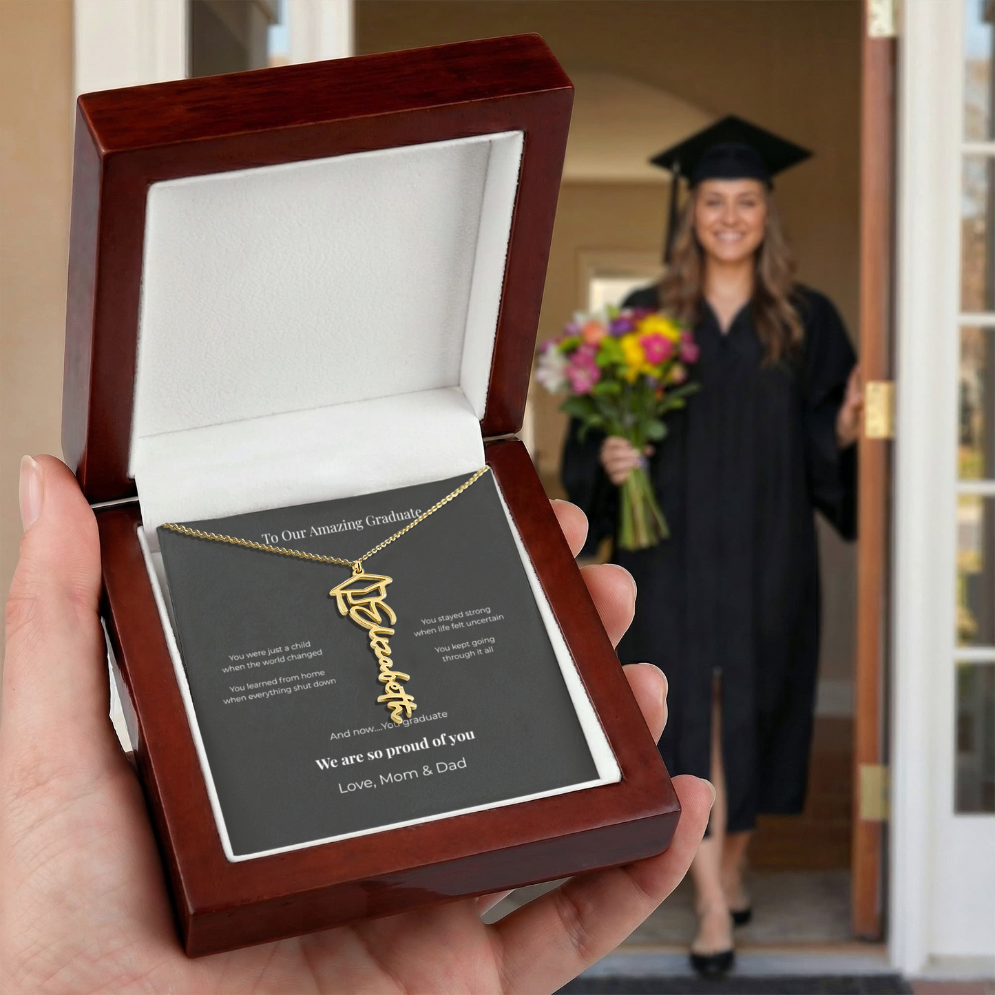 Personalized Graduation Name Necklace – “To Our Amazing Graduate” Class of 2026 Gift from Mom & Dad