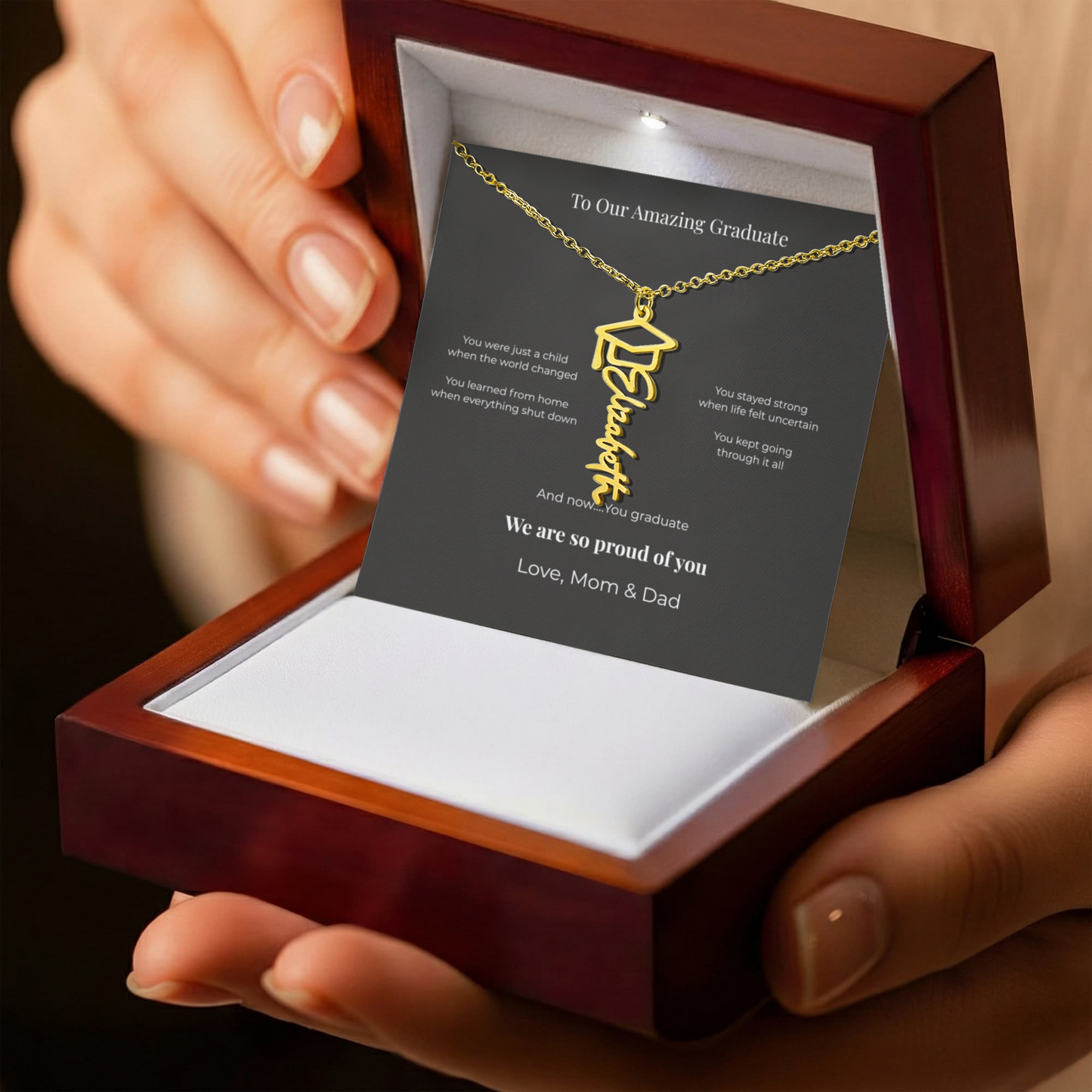 Personalized Graduation Name Necklace – “To Our Amazing Graduate” Class of 2026 Gift from Mom & Dad